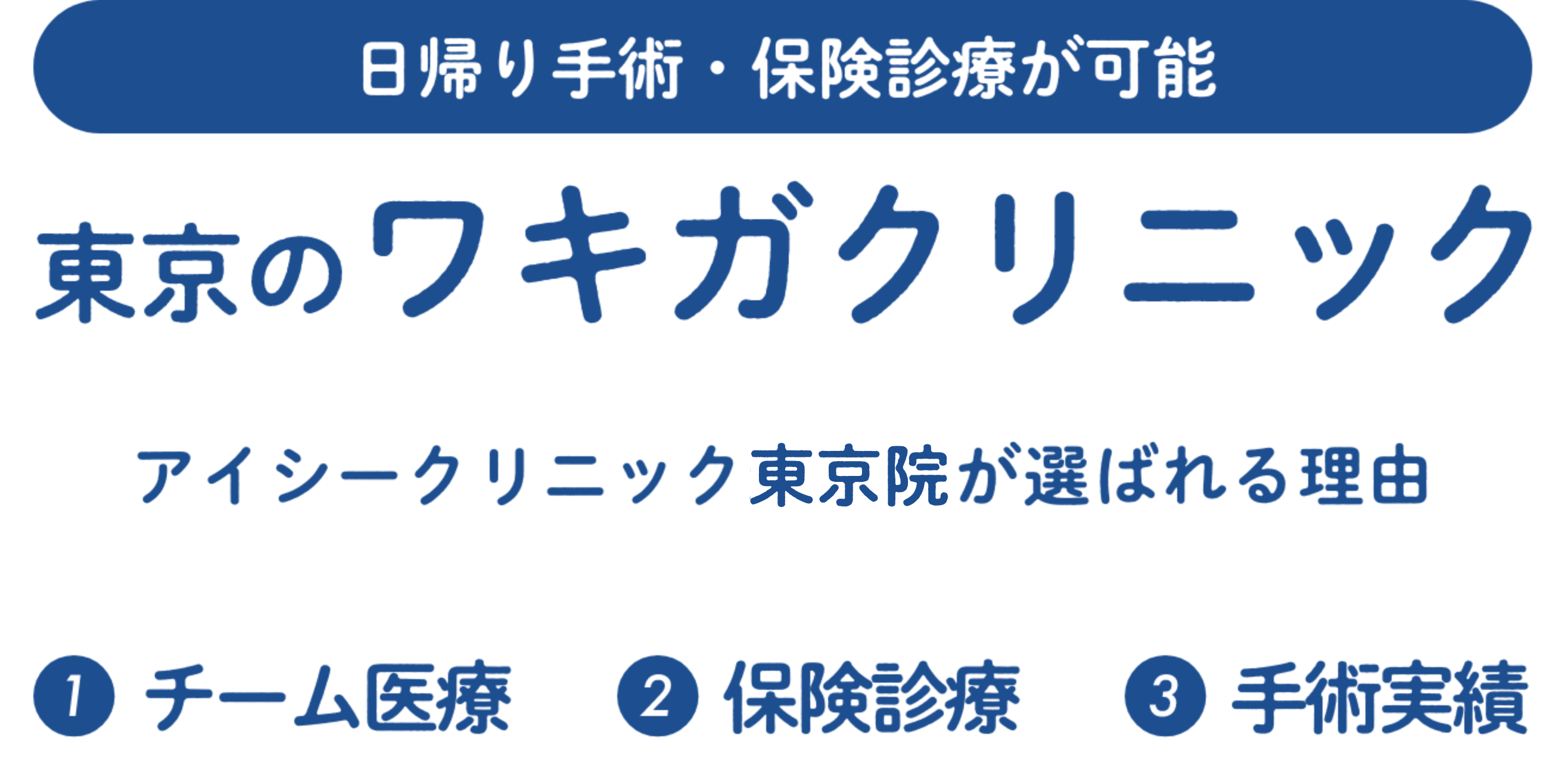 日帰り手術・保険診療が可能　東京のワキガクリニック　アイシークリニック東京院が選ばれる理由　①チーム医療　②保険診療　③手術実績